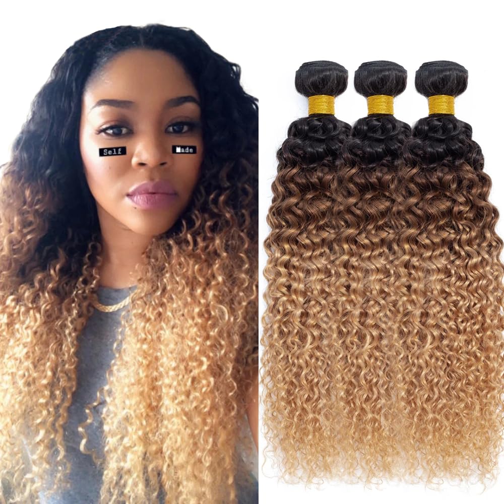 14 16 18 Inch T1B4/27 Ombre Blonde Bundles Human Hair Kinky Curly 3 Bundles 100 Grams/Bundle 10A Grade Unprocessed Brazilian Virgin Hairs Ombre Bundles Weaves Hair Extensions For Women