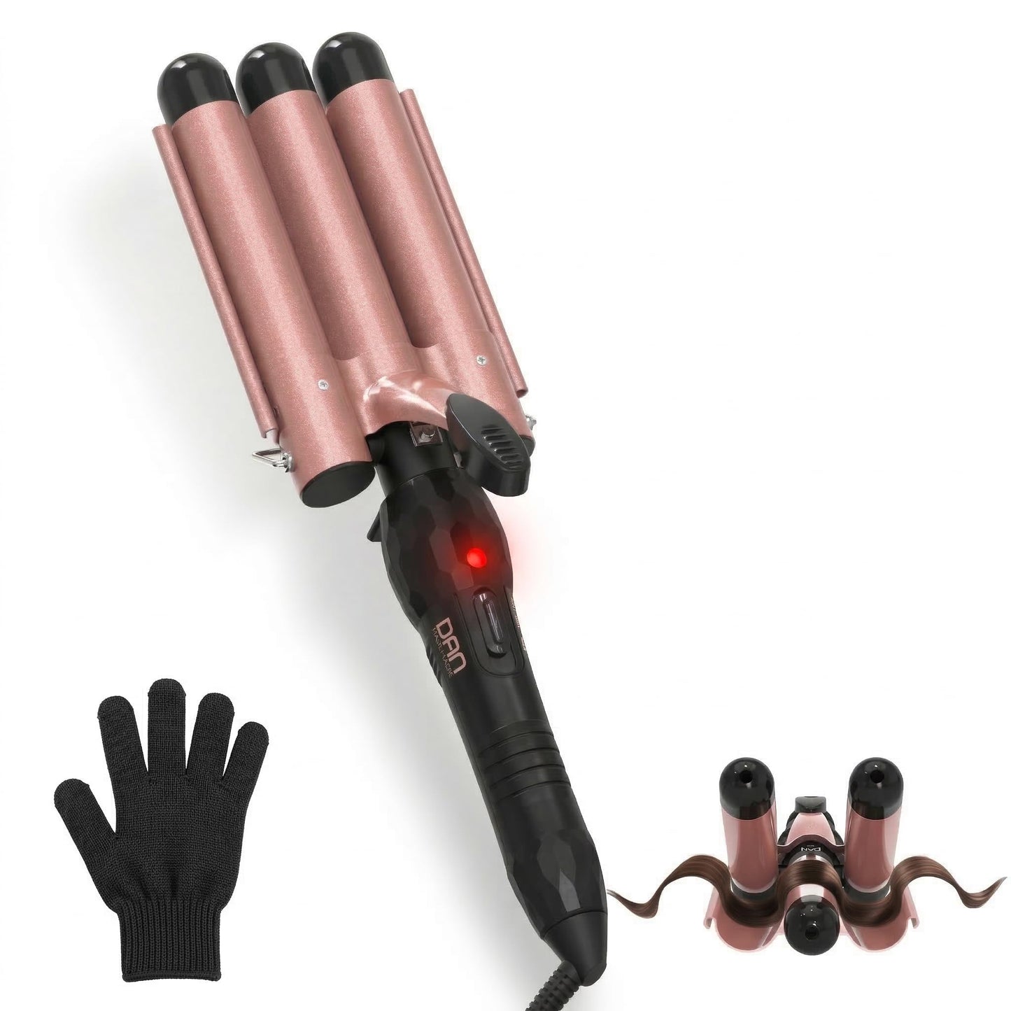 Hair Crimper 1 Inch, 2 Heat Settings 320°F/410°F, Ceramic Triple Hair Waver for Beach Waves, Dual Voltage 110-240V, Auto Shut-Off, Glove Included, Rose Gold