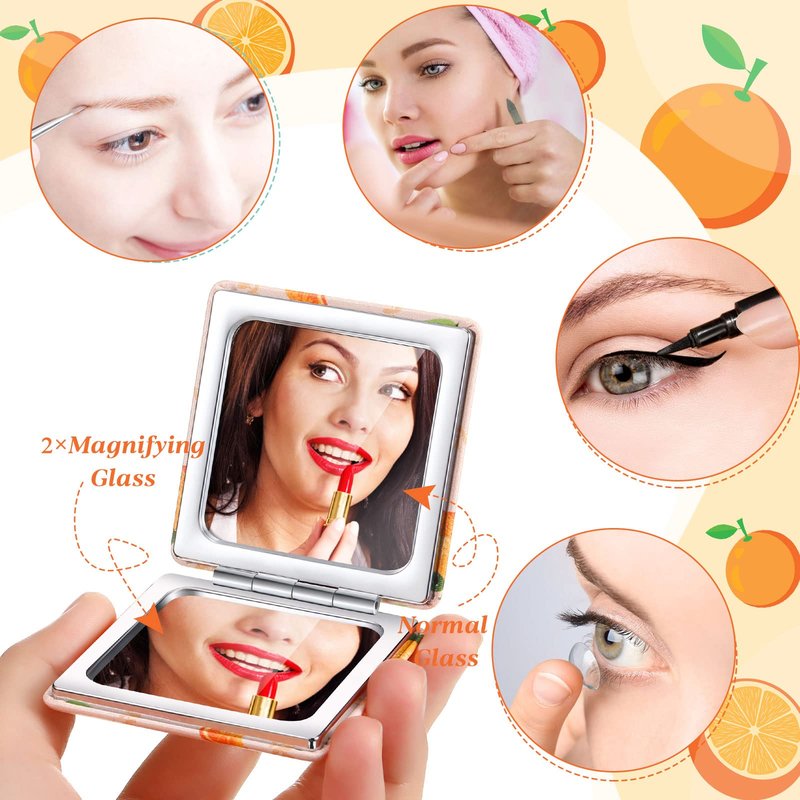 Vicenpal Compact Mirror Small Pocket Fruit Design Mini Magnifying Portable Makeup Compact PU Leather Double Sidepocket Mirror for Mother's Day Women Party Baby Shower Gifts(Square Style)