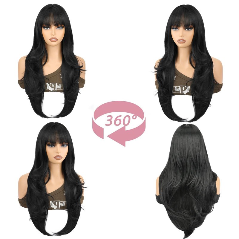 SUKRI Black Layered Wig with Bangs for Women 26 Inch Long Wavy Synthetic Wigs Heat Resistant Hair for Daily Party Cosplay Use(Black)