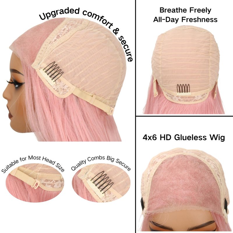 Kmzbasg Light Pink Lace Front Wig for Women Pre-Plucked Pre Cut Glueless Long Straight Layered Synthetic Ready to Wear Wig 4x6 HD Lace for Girls Party Cosplay and Daily Use 26 Inch