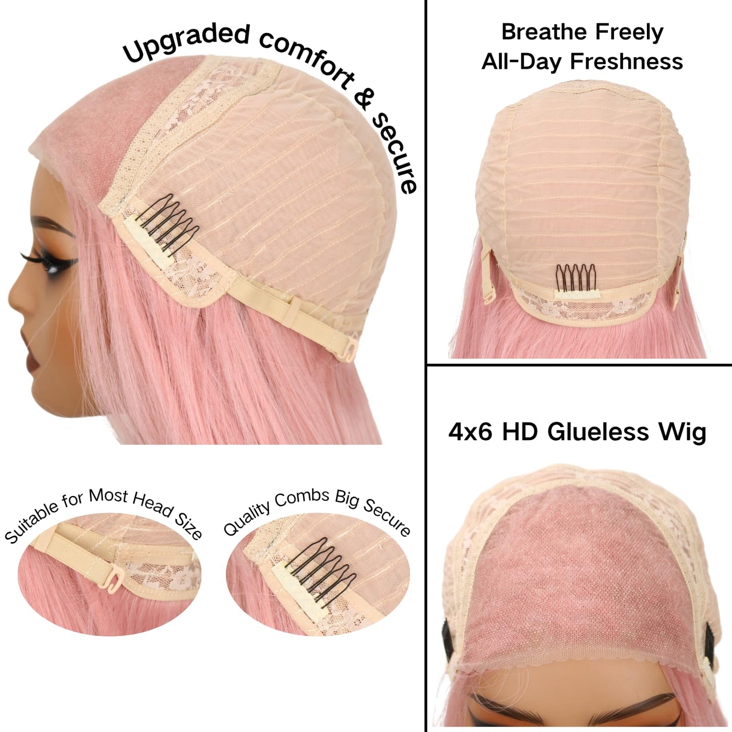 Kmzbasg Light Pink Lace Front Wig for Women Pre-Plucked Pre Cut Glueless Long Straight Layered Synthetic Ready to Wear Wig 4x6 HD Lace for Girls Party Cosplay and Daily Use 26 Inch