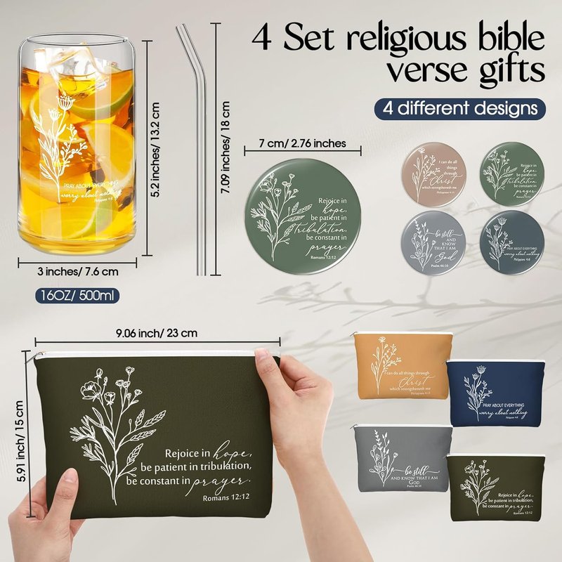 Christian Gift Set for Women - 4-Piece Religious Makeup Bag, Bible Verse Glass Cup & Compact Mirror | Neutral Colors
