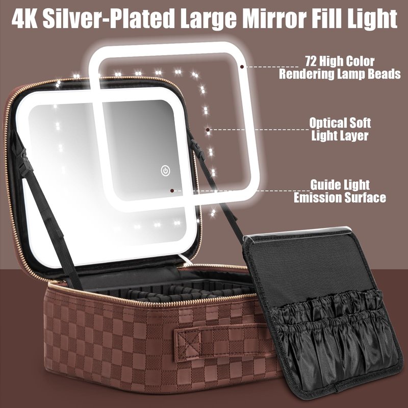 Extrei Gent Makeup Travel Train Case with Mirror LED Light 3 Adjustable Brightness Large Cosmetic Bag Portable Storage Adjustable Partition Waterproof Makeup Brushes Make up Jewelry Gift for Women