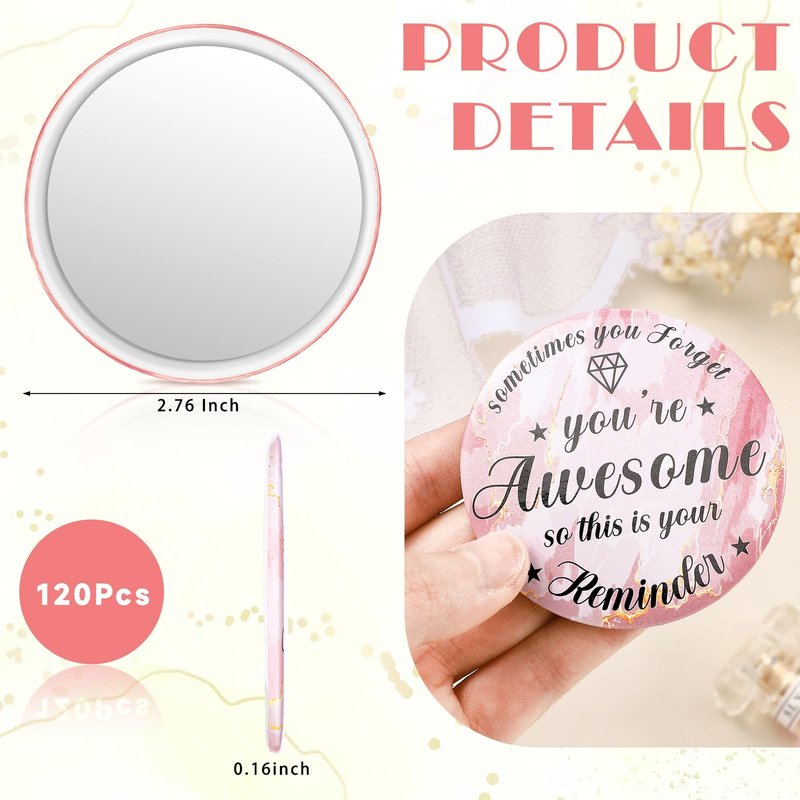 Tradder 120 Pcs Compact Mirror Bulk for Women Pink Beauty Gift Mother's Day Inspirational Quinceanera Appreciation Gifts Purse Pocket Mirror Valentine Employee Coworker Bag Stuffer Items