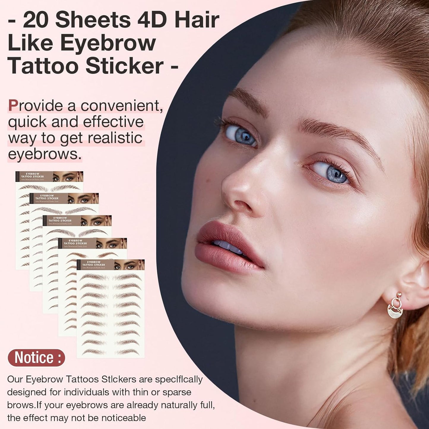 Eyebrow Tattoo Stickers - 20 Sheets Waterproof 4D Hair-Like Natural Peel-Off Transfers | Natural Brown