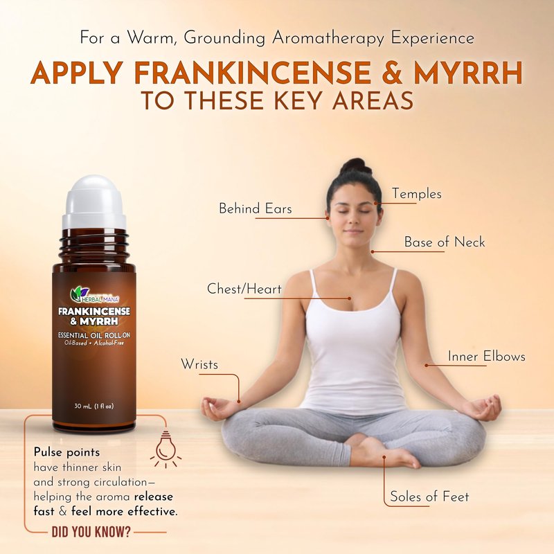 Frankincense & Myrrh Essential Oil Roll-On, 30 mL (1 fl oz) – Pre-Diluted Aromatherapy Rollerball in Fractionated Coconut Oil (FCO) – Alcohol-Free Pulse Point Oil Roller
