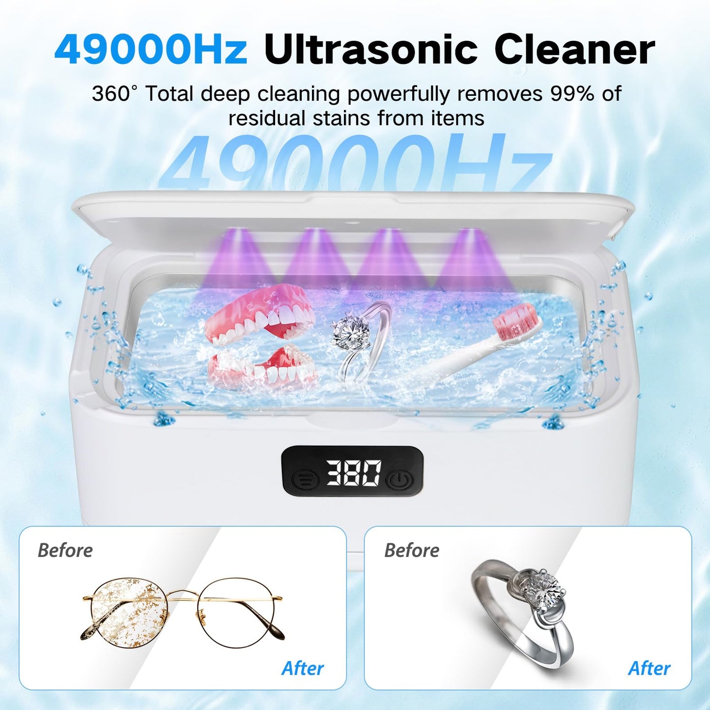 Ultrasonic Cleaner, Retainer Cleaner for Jewelry,Dentures,Braces,Eyeglasses,Mouth Guards,Ultrasonic Dentures Cleaner with 4UV-C,All-in-one Professional Ultrasonic Cleaner Machine