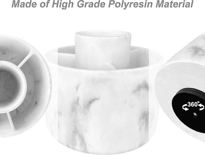 Makeup Brush Holder Organizer - 360° Rotating Resin Case | 4 Slot White Marble Storage for Cosmetics & Tools