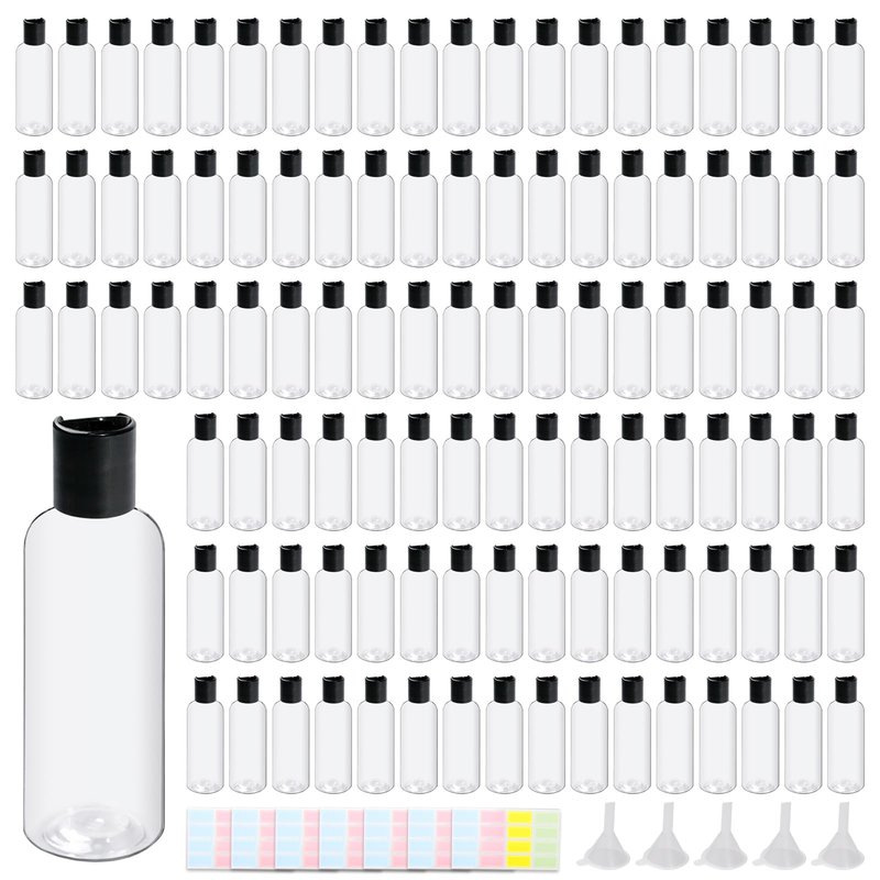 TANEMUDO 108 Pcs 3.4 oz Plastic Bottles Black Toiletries Empty Containers with Leak Proof Flip Cap, Refillable Travel Squeeze Containers for Lotion, Shampoo, Cream, Conditioner