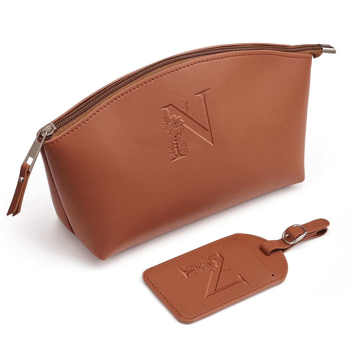 AW BRIDAL Makeup Bags for Women Travel Toiletry Bag with Luggage Tag, Makeup Pouch Cosmetic Pouch Skincare Bag Mother's Day Gift Wedding Gifts Birthday Gifts for Women, Letter N, brown