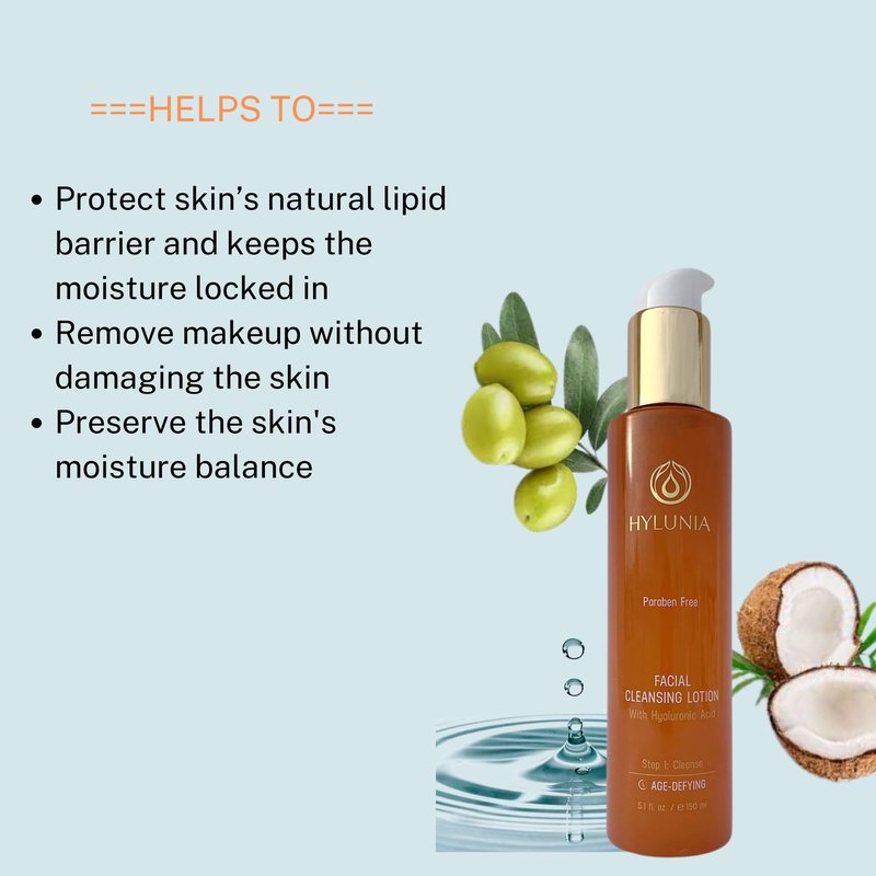 Hylunia Skincare Gentle Cleansing Lotion 5.1 oz with Hyaluronic Acid & Olive Oil Squalene – Hydrating, Non-Drying, pH Balanced Facial Cleanser for Sensitive & Mature Skin, Makeup Remover