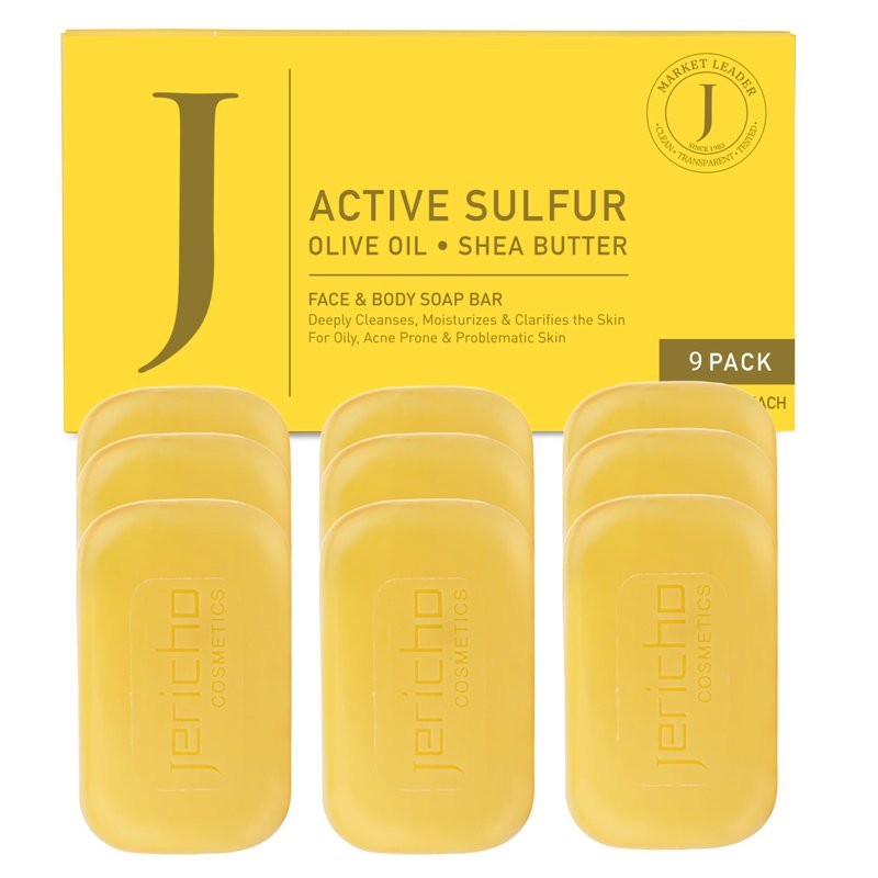 Jericho Dead Sea Sulfur Soap with Olive Oil – Helps with Acne, Psoriasis, Eczema & Blackheads – For Oily to Normal Skin – Vegan Face & Body Bar for Men & Women, 4.4 Oz / 125 g (Pack of 9)