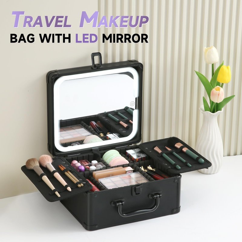 Leeora&Leekoo Makeup Box with Lighted Mirror,Portable Makeup Train Case Organizer (Pink)