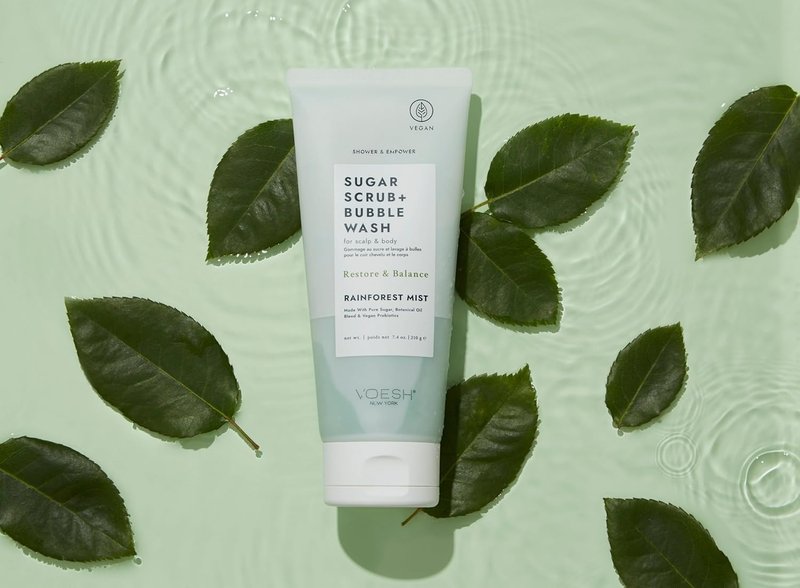 VOESH Sugar Scrub & Bubble Wash - Exfoliating Body Wash for Scalp Care | Rainforest Mist, Vegan Formula