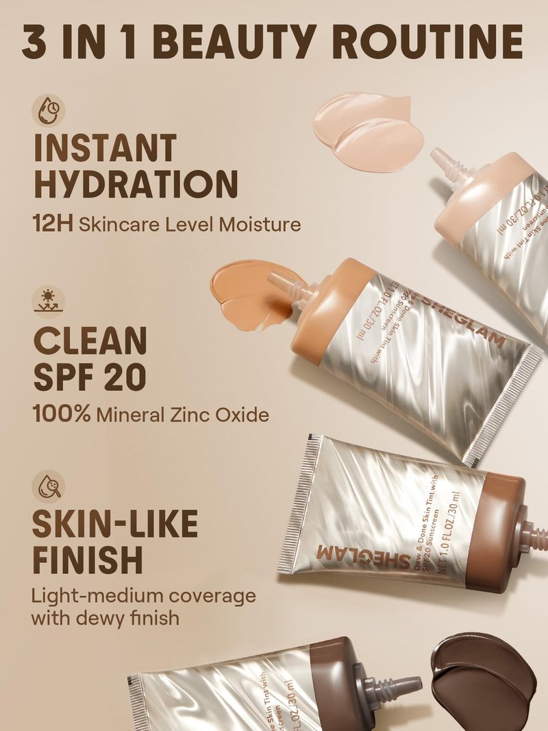 SHEGLAM Dew & Done Skin Tint with SPF20 Light-medium Coverage Foundation Evens Skin Tone-Shell