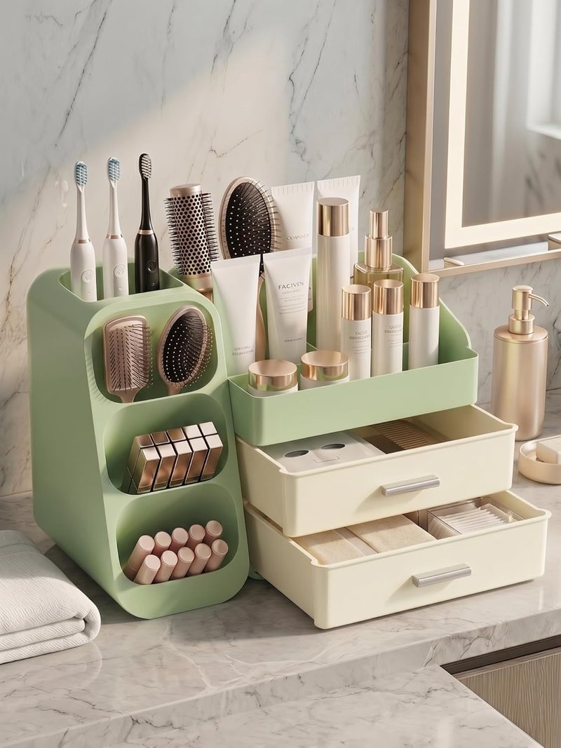Makeup Organizer - Large Capacity Vanity Storage Case with Drawers | Cream Green Cosmetic Display for Skincare & Beauty Tools