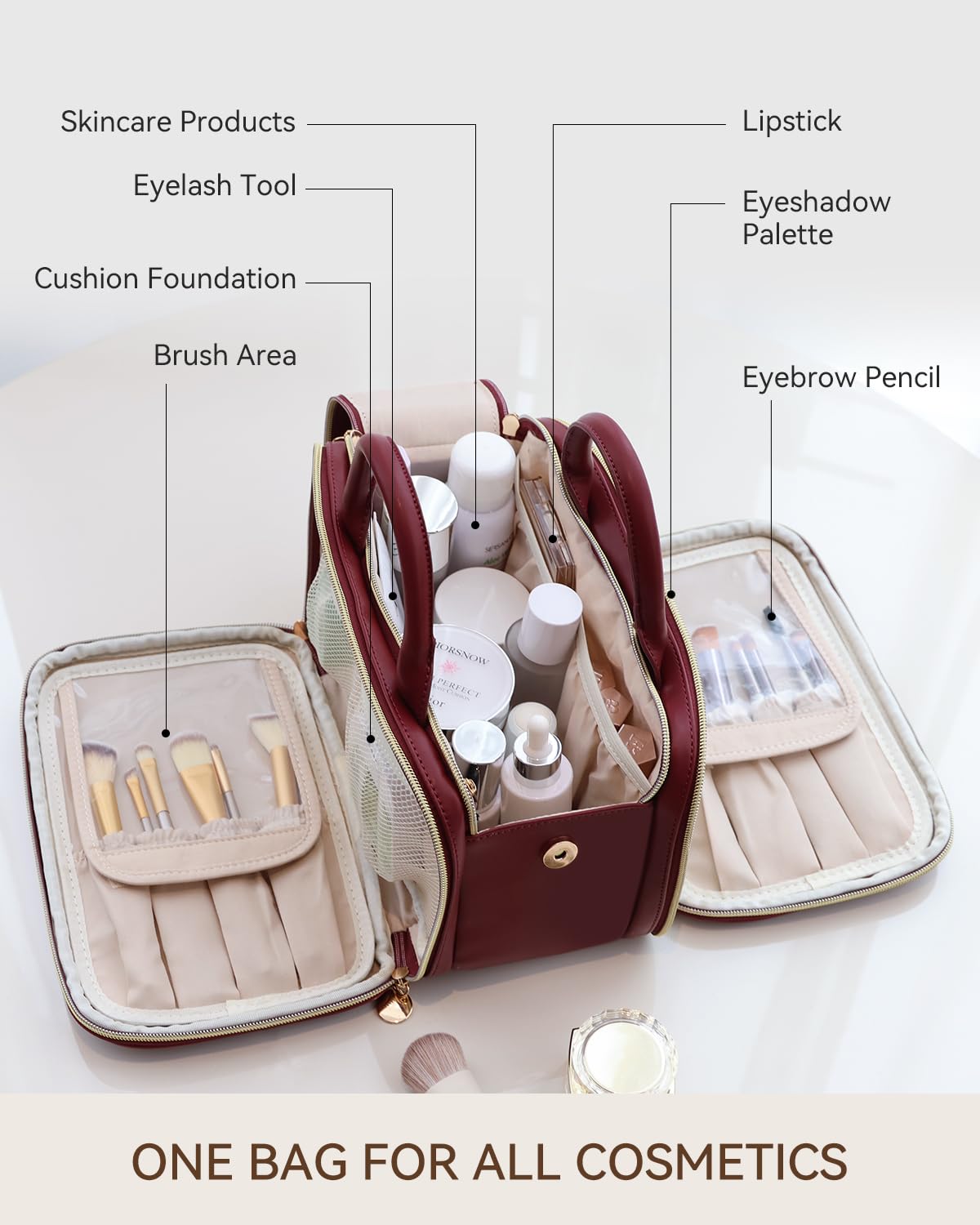 Prite Travel Makeup Bag Women’s Large Capacity Waterproof Cosmetic Organizer Portable Open Flat Toiletry Case with Free-standing Brush Holder and Handle(Burgundy Large)