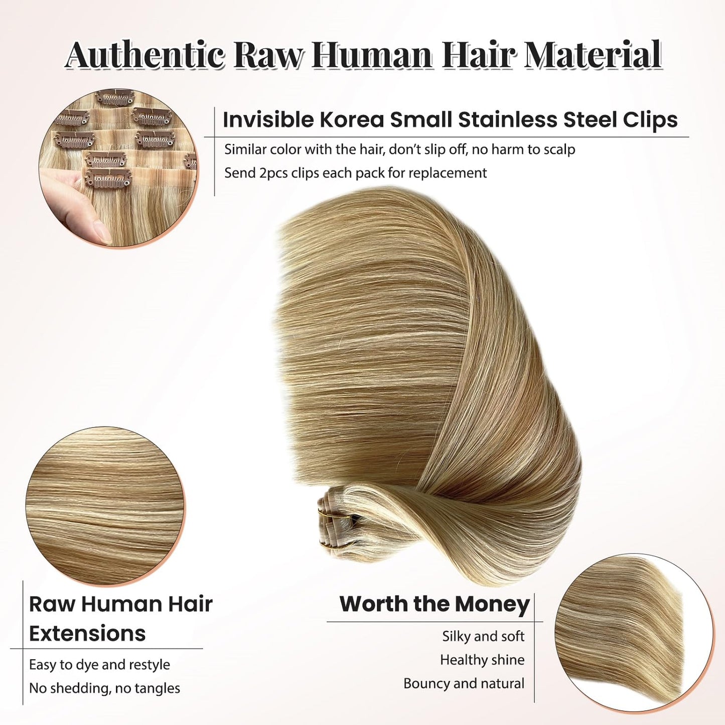 Real Human Hair Clip in Extensions, 20' Colored Seamless Wefts - 7PCS 100G PU Skin - Caramel Blonde to White Blonde
