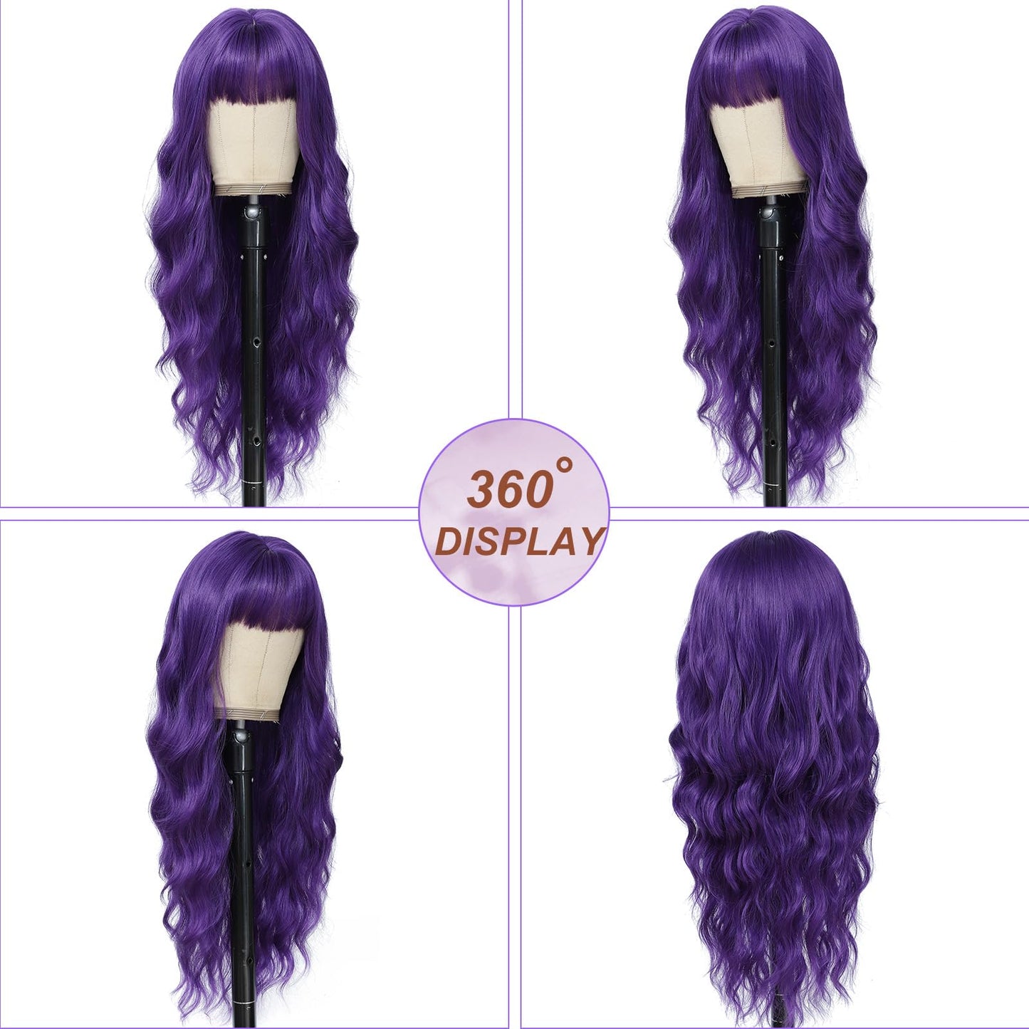MINSEEYOO Dark Purple Wig with Bangs for Women Long Purple Wavy Wigs 26 Inch Dark Purple Wigs Natural Looking Heat Resistant Synthetic Wig for Daily Party Use