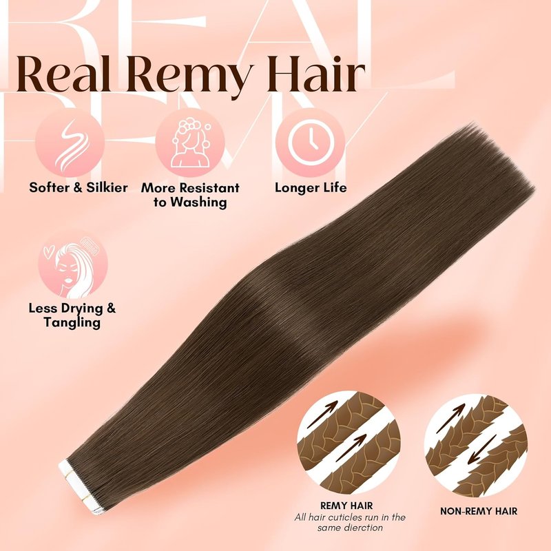 Real Remy Hair Tape-In Extensions - Thick Dark Brown 14 Inch | 20pcs Seamless Skin Weft