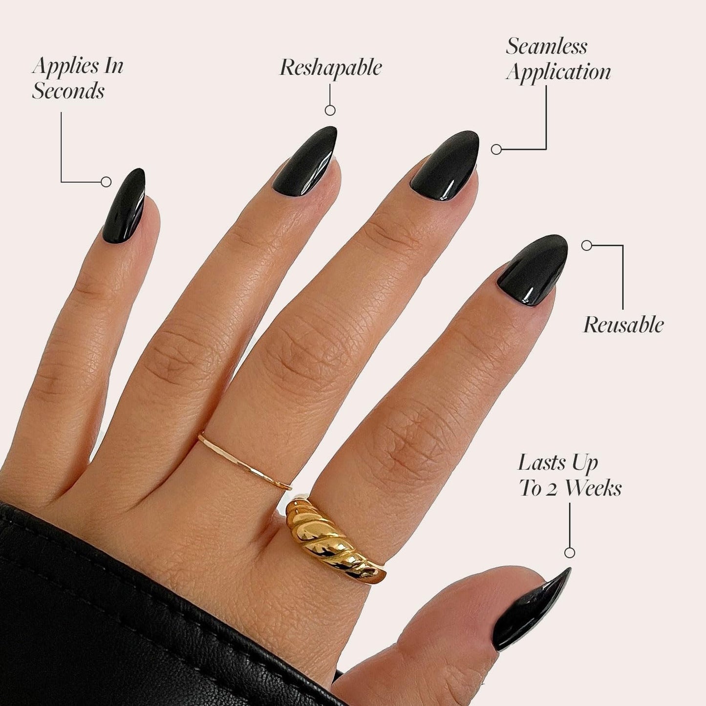 Glamnetic Press-On Nails - Boba | Super Strong Brush On Nail Glue & Nail Adhesive Tabs | Opaque Black Short Almond Nails, Reusable | 12 Sizes - 24 Nail Kit