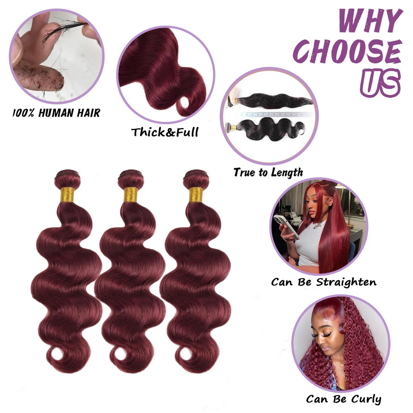 Burgundy Human Hair Bundles - 24 Inch Body Wave 12A Double Weft Brazilian Extensions | Wine Red 1 Pack