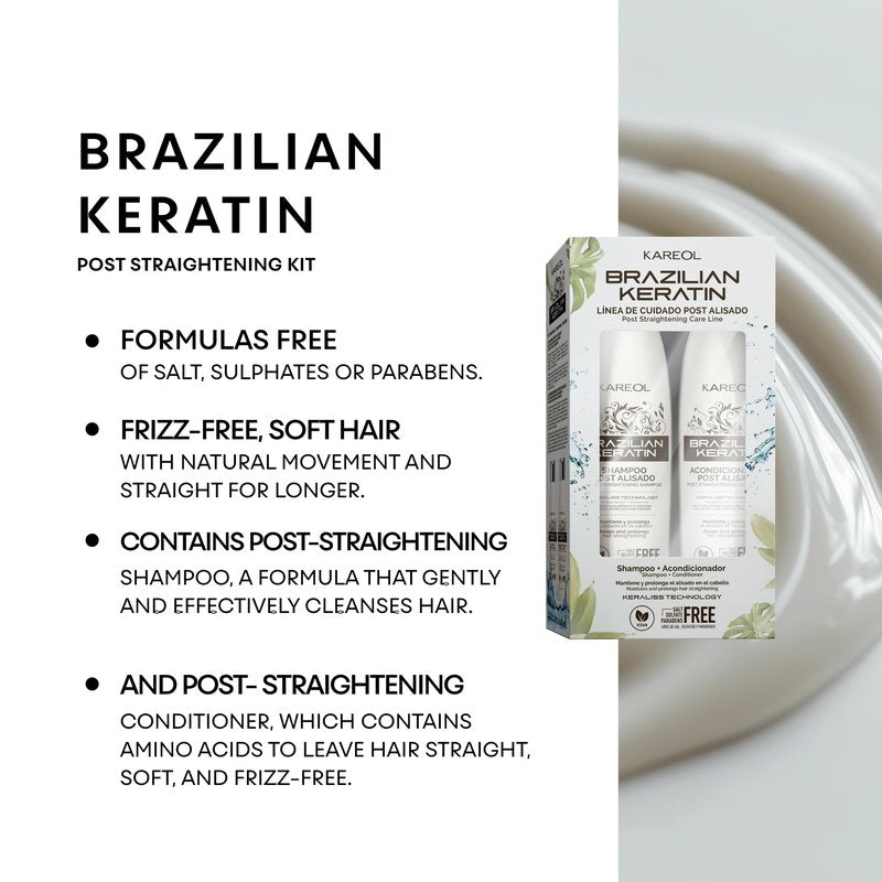 Kareol Brazilian Keratin Post Straightening Kit, Sulfate-Free Shampoo and Conditioner, Frizz Control, Vegan Formula