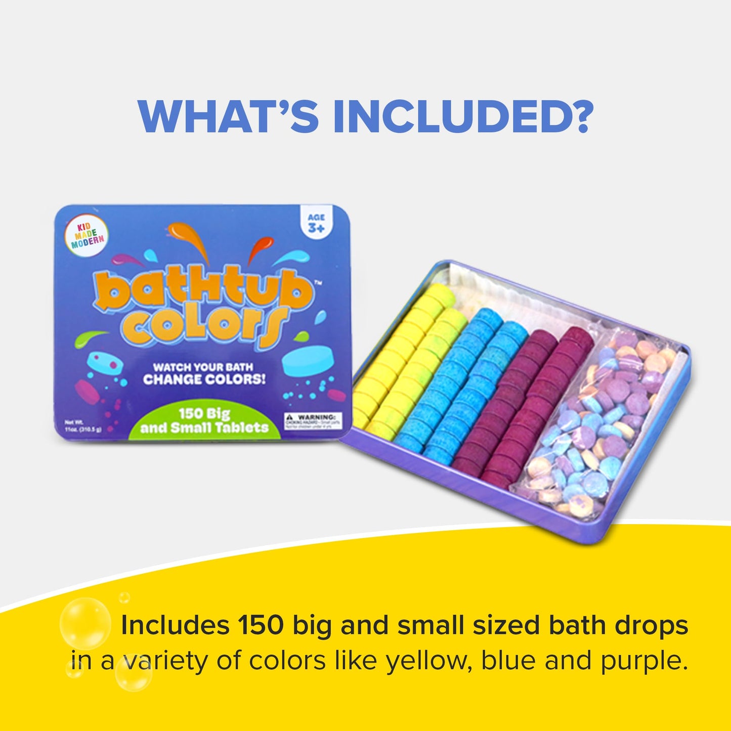 Kid Made Modern Bath Color Tablets for Kids - 450 Non Toxic Bath Drops for Toddlers Blue, Yellow, Pink, and Purple Bathtub Color Fizzies Tablets - Fun & Mini Bath Bombs (150 Count / 3 Pack - Ages 3+)