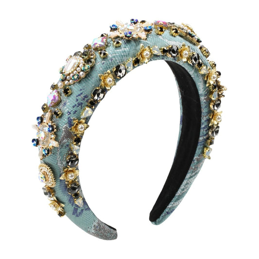 Florate Luxury Baroque Big Wide Crystal Headband for Women Pearl Rhinestone Bead Decorative Hairband Jeweled Head Hoop Party Accessories (HDDY1081-blue)