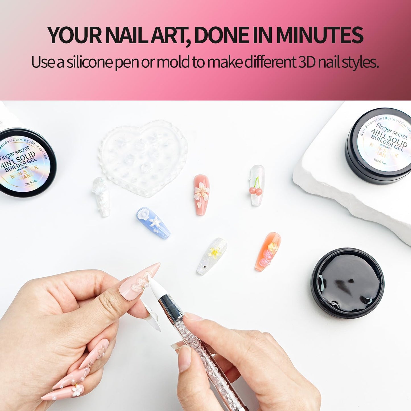 Finger Secret 3D Gel Nail Art Kit-Solid Builder Gel for Nails 3D Sculpting Carving Building Modeling Hard Extension for Beginner DIY Salon at Home Cured Needed