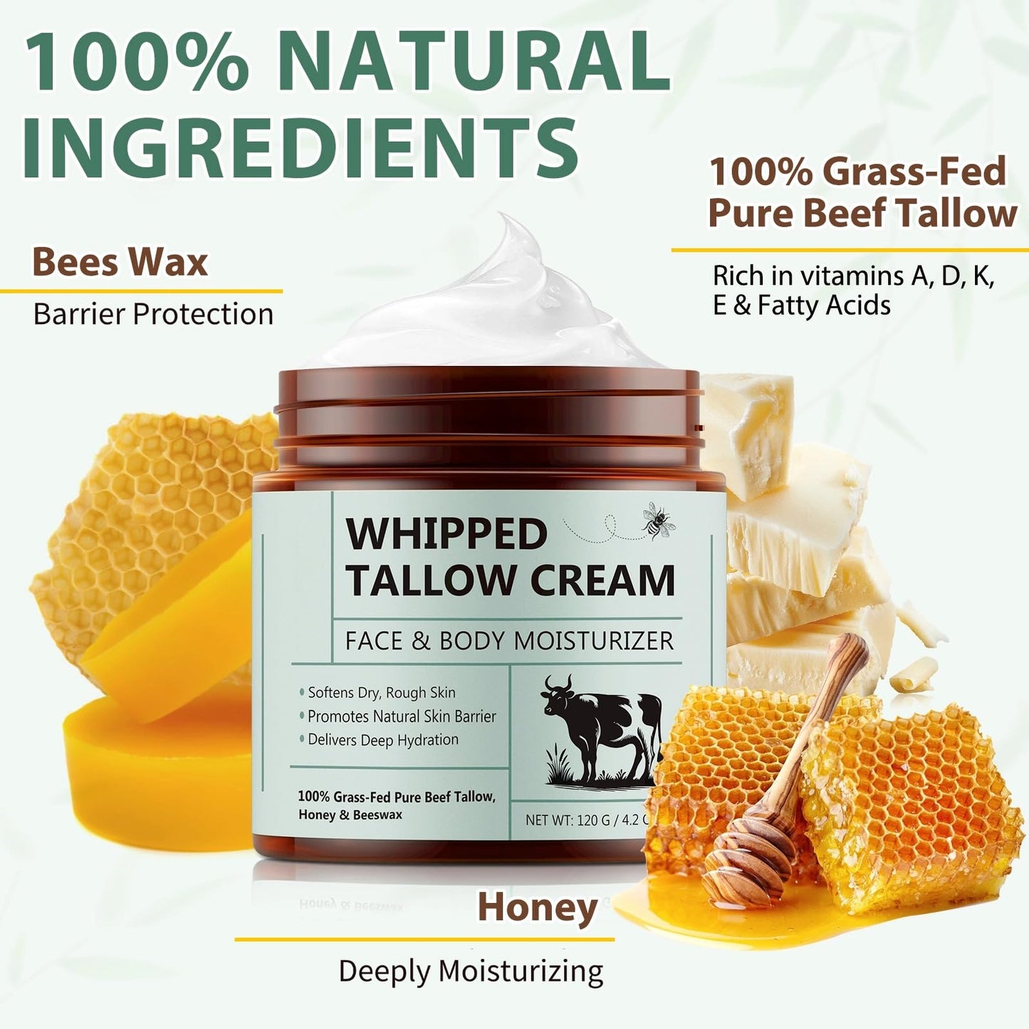 laraspi Beef Tallow for Skin, Beef Tallow Moisturizer, 8.4 oz Organic Whipped Grass Fed Beef Tallow with Honey Cream for Face & Body, Unscented