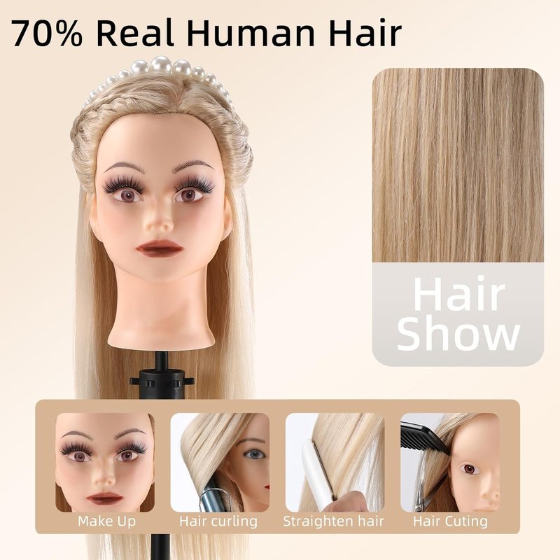 Human Hair Mannequin Head - 70% Real Hair Cosmetology Practice Doll for Hair Styling & Braiding
