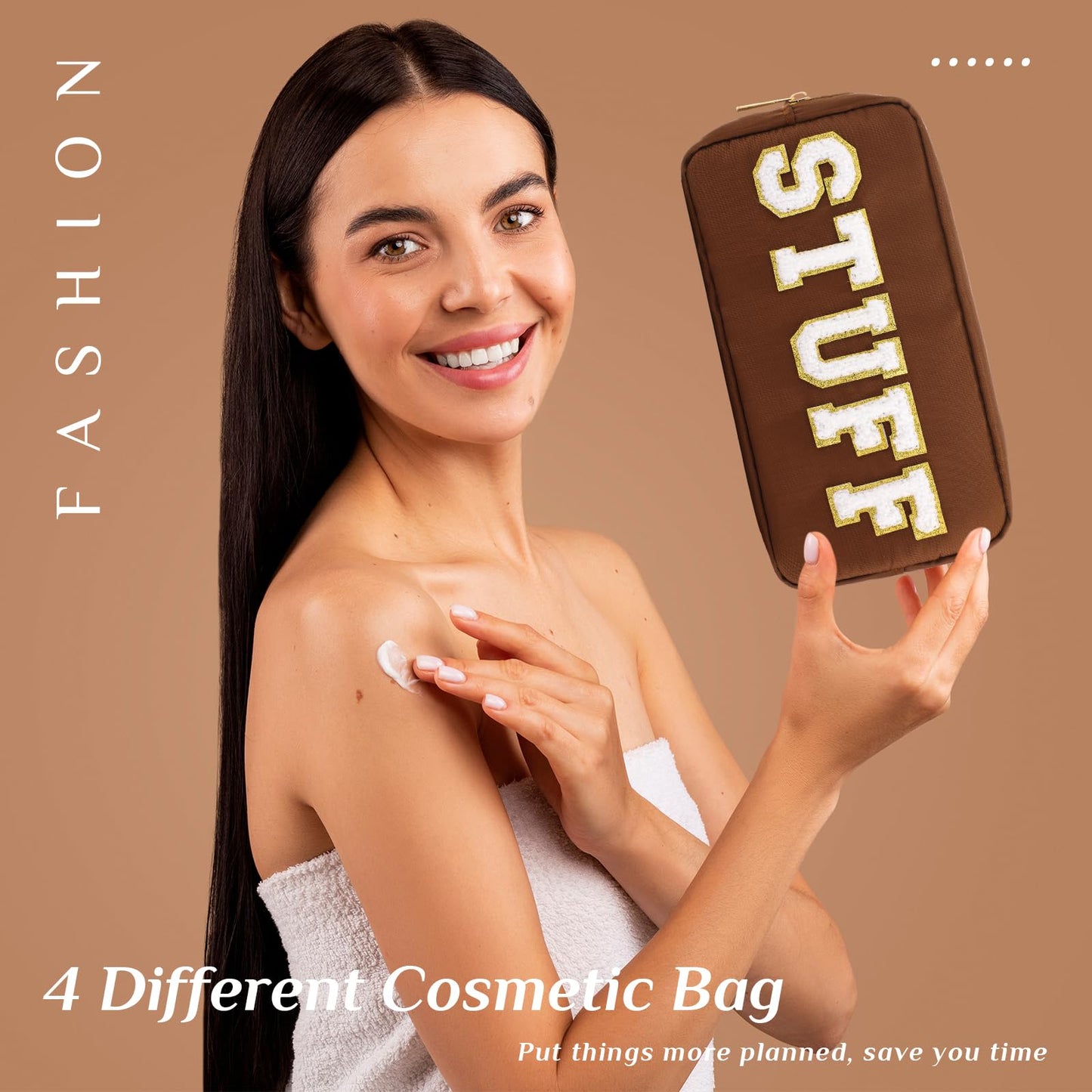 Cunno Preppy Makeup Bags Chenille Letter Stuff Bag Nylon Cosmetic Pouch Cases with Zipper for Women Travel Toiletry(Brown Set,Classic,4 Pcs)