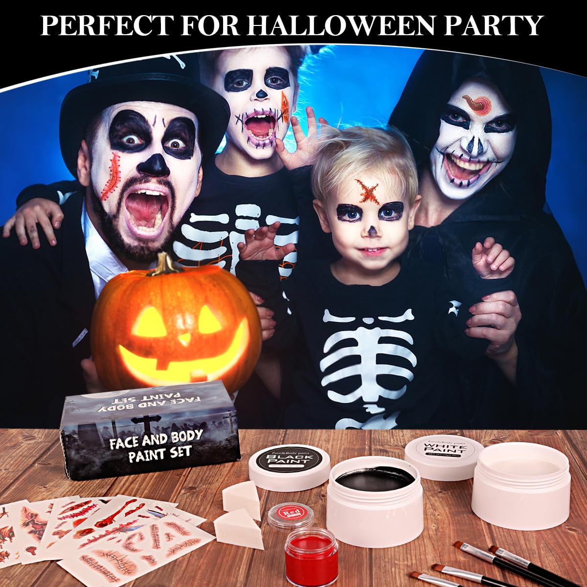 Halloween Makeup Kit for Adult, Black White Red Face Paint for Zombie Skeleton Clown Makeup with 4 Brushes, 2 Sponges, 6 Tattoos, Oil-based Face Painting Kit for Halloween Costume, Theme Cosplay
