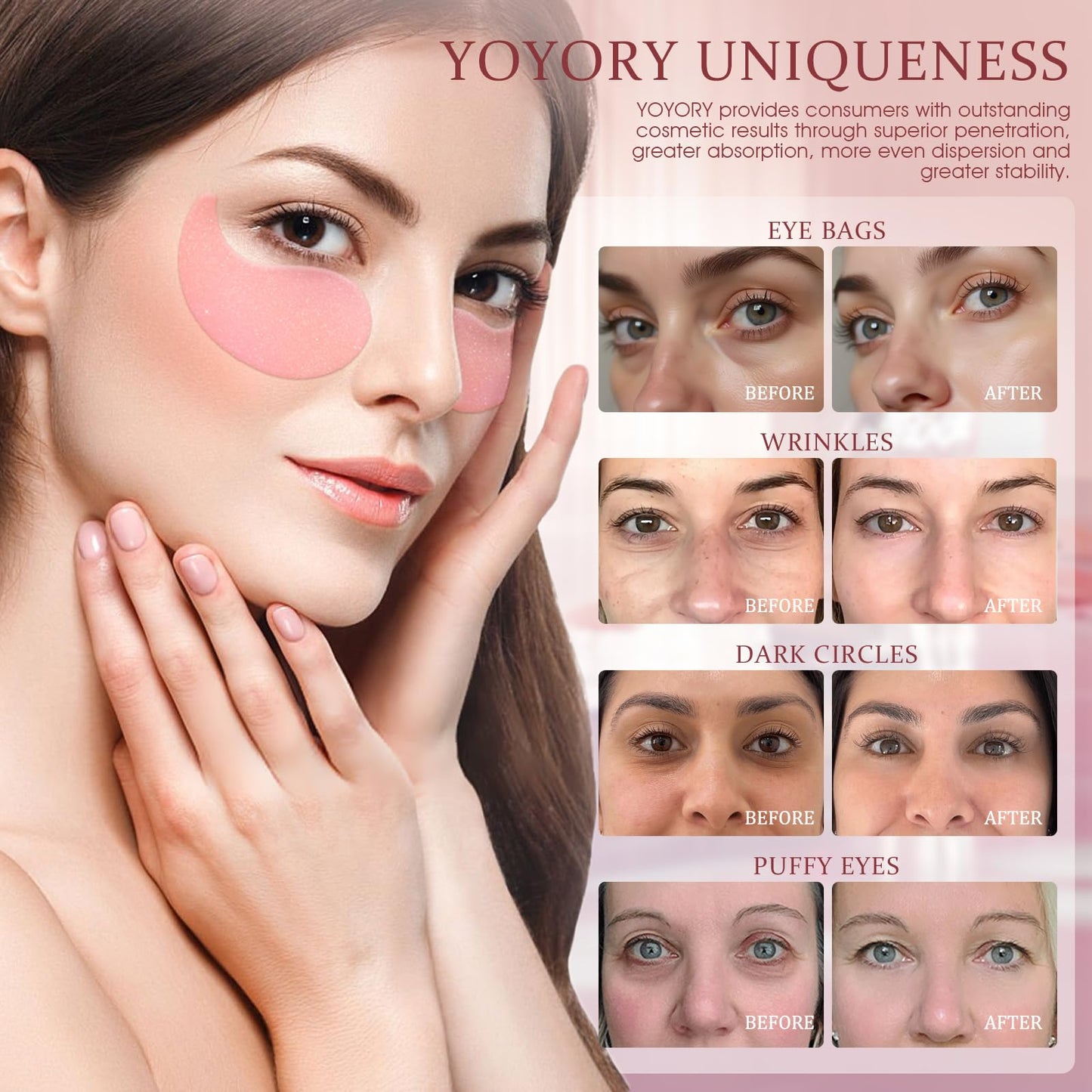 YOYORY Under Eye Patches Masks - for Fine Lines with Collagen and Hyaluronic Acid, Dark Circles,Eye bags,and Fade Wrinkles, puffiness Smoothing Skin Care Treatment for Women and Men, (60 Pcs) Pink