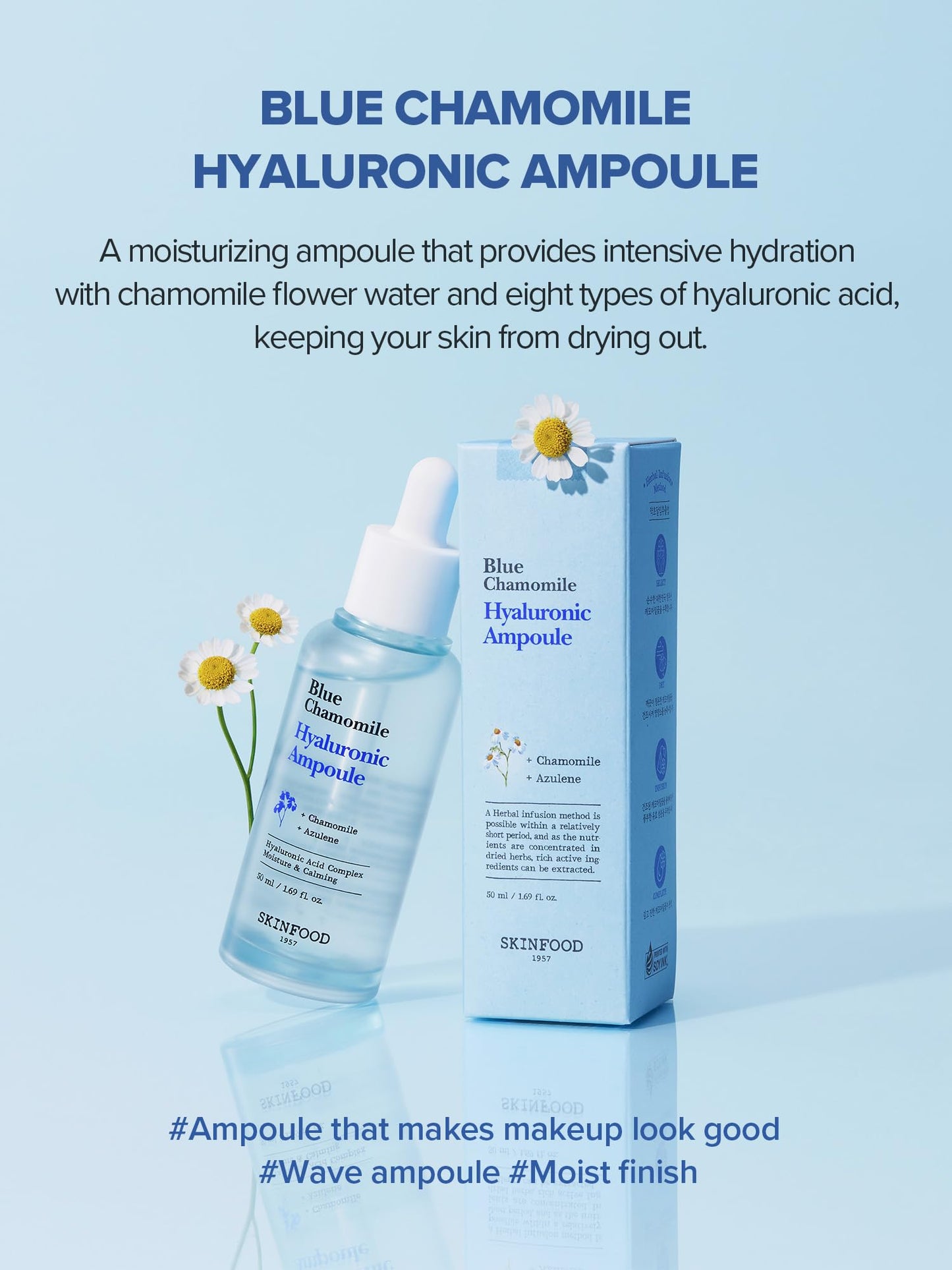 SKINFOOD Blue Chamomile Hyaluronic Ampoule, Korean Skincare Facial Serum for Soothing & Hydrating Skin, Hyaluronic Acid, Chamomile Flower Water, Calming Moisture Boost, 50ml / 1.69 fl.oz.