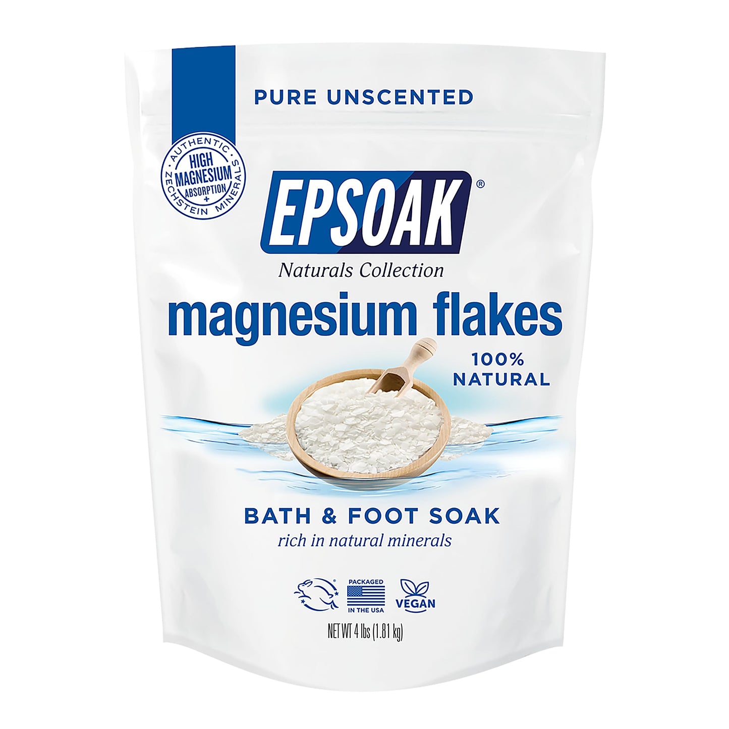 Epsoak Magnesium Flakes 4 lb. Magnesium Sulfate USP. Resealable Epsom Salt Bag Unscented, Made in The USA, Cruelty-Free Certified