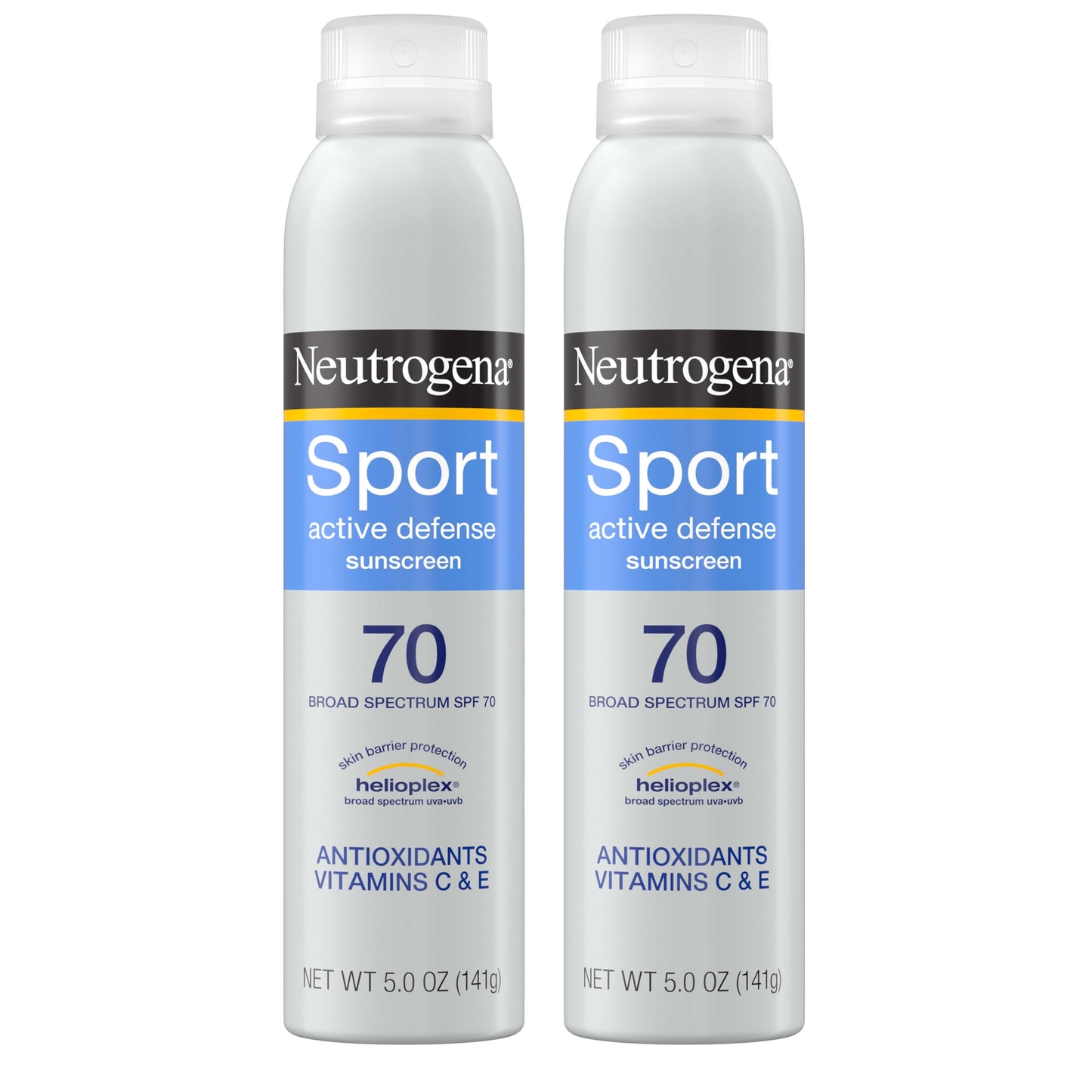 Neutrogena Sport Active Defense SPF 70 Sunscreen Spray, Sweat & Water Resistant Spray Sunscreen with Broad Spectrum Protection for Sunburn Prevention, Oxybenzone-Free, Twin Pack, 5 oz, 2 Pack