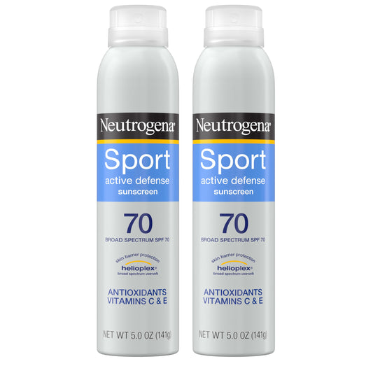 Neutrogena Sport Active Defense SPF 70 Sunscreen Spray, Sweat & Water Resistant Spray Sunscreen with Broad Spectrum Protection for Sunburn Prevention, Oxybenzone-Free, Twin Pack, 5 oz, 2 Pack