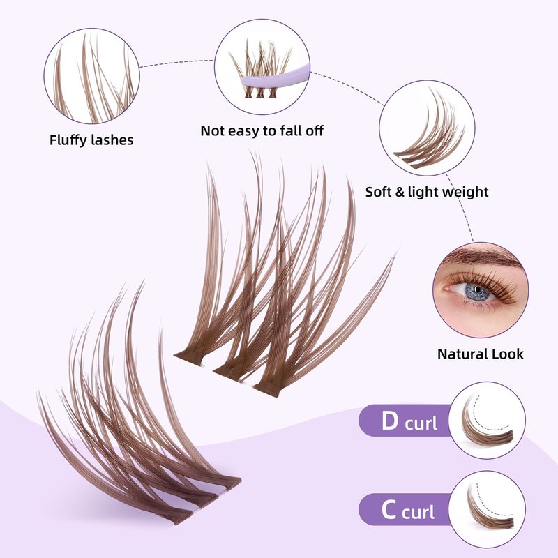 Brown Lash Clusters Kit 10-18mm D Curl Dark Brown Lash Clusters 120pcs DIY Wispy Cluster Eyelash Extensions Individual Natural Lashes False Eyelash Kit with Bond & Seal Remover Tweezers(S3 Lash Kit)
