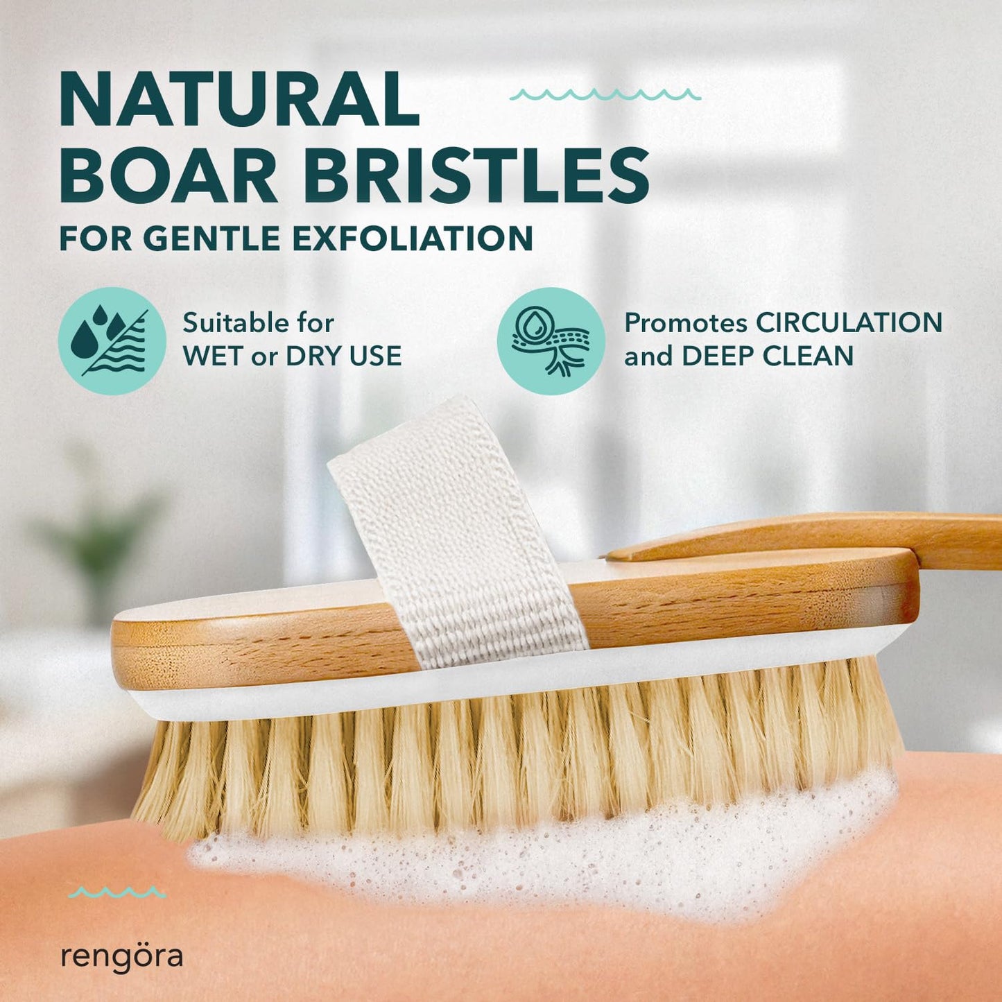 Dry Brushing Body Brush – Exfoliating Body Scrubber with Natural Boar Bristles, Detachable Ergonomic Long Handle – Great for Dry Skin Brushing