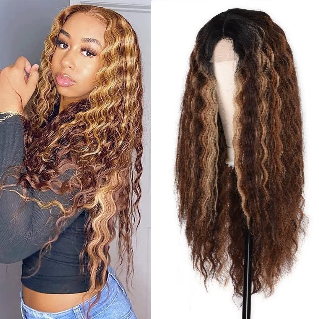 28-Inch Deep Wave Frontal Wig - Honey Blonde Ombre Synthetic Lace Front Wig for Women | Loose Curly Hair