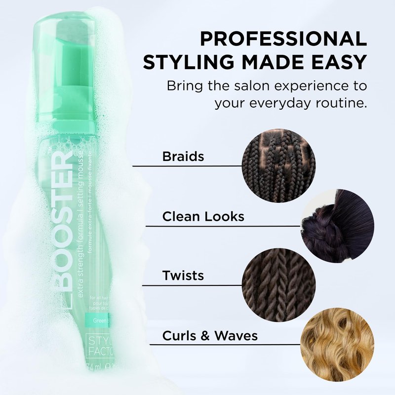 Style Factor EDGE BOOSTER Extra Strength Setting Mousse – Frizz Control, Extra Volume, and Conditioning – 6.4oz Amber Mousse for Curly Hair