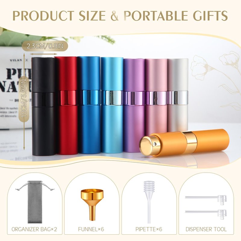 Honeydak 16 Pack 8 ml Refillable Perfume Atomizer Mini Refillable Spray Travel Bottles Empty Cologne Sprayer Portable Fragrance Atomizer with Funnel, Dispenser, Pipettes, Bag(Multicolor)