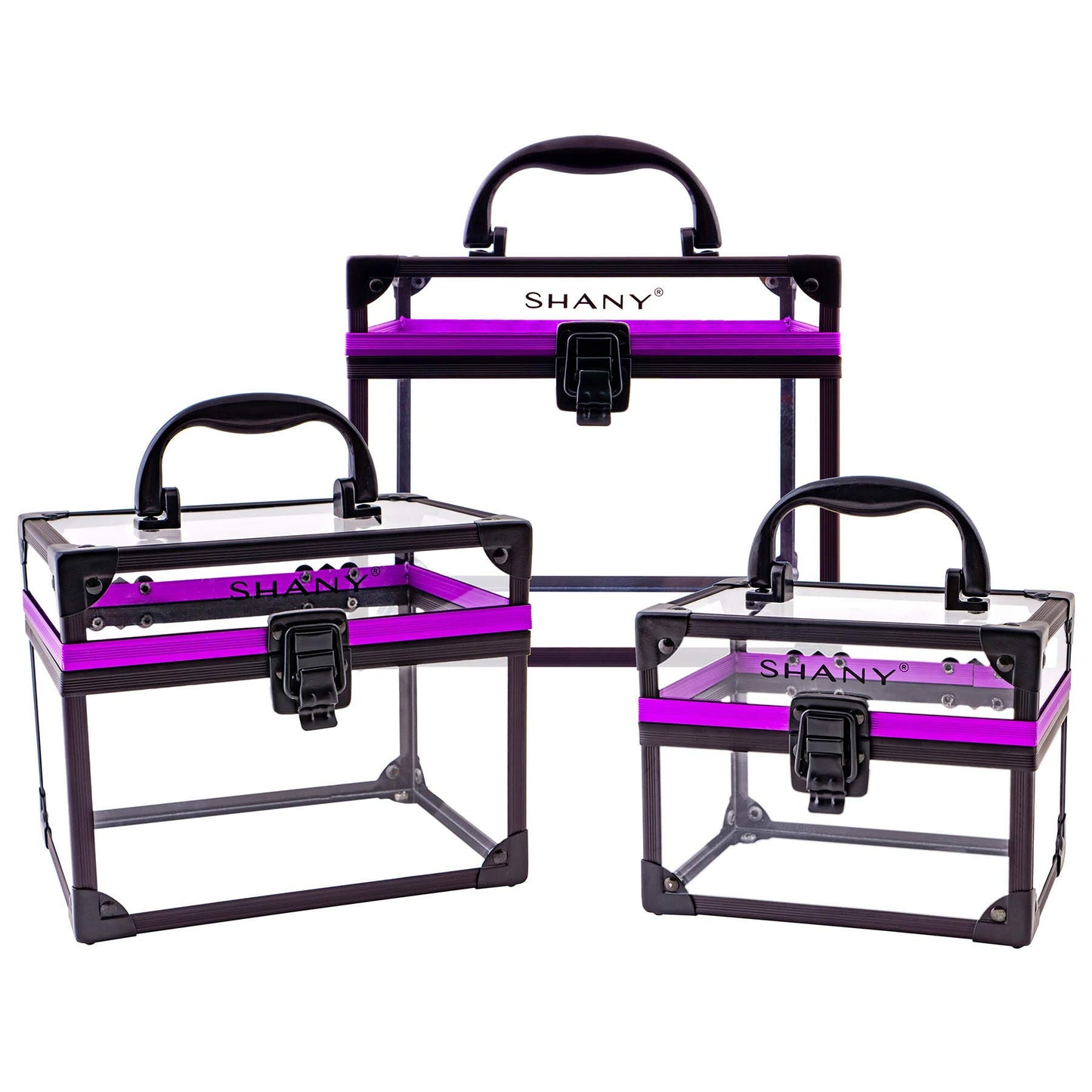 SHANY Clear Cosmetics and Toiletry Train Case - Clear Travel Makeup Bag Case Organizer with Secure Closure and Black/Purple Accents - 3PC Set