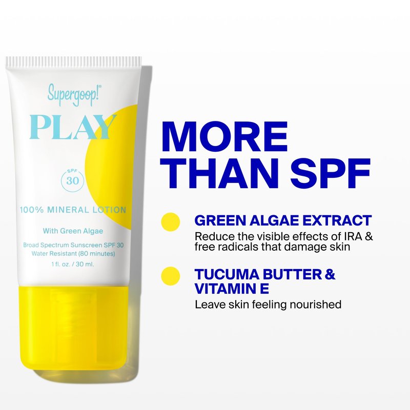 Supergoop! PLAY Mineral Lotion - 3.4 fl oz - Broad Spectrum SPF 30 Sunscreen for Face & Body - Lightweight, Fast Absorbing + Water-Resistant - With Green Algae