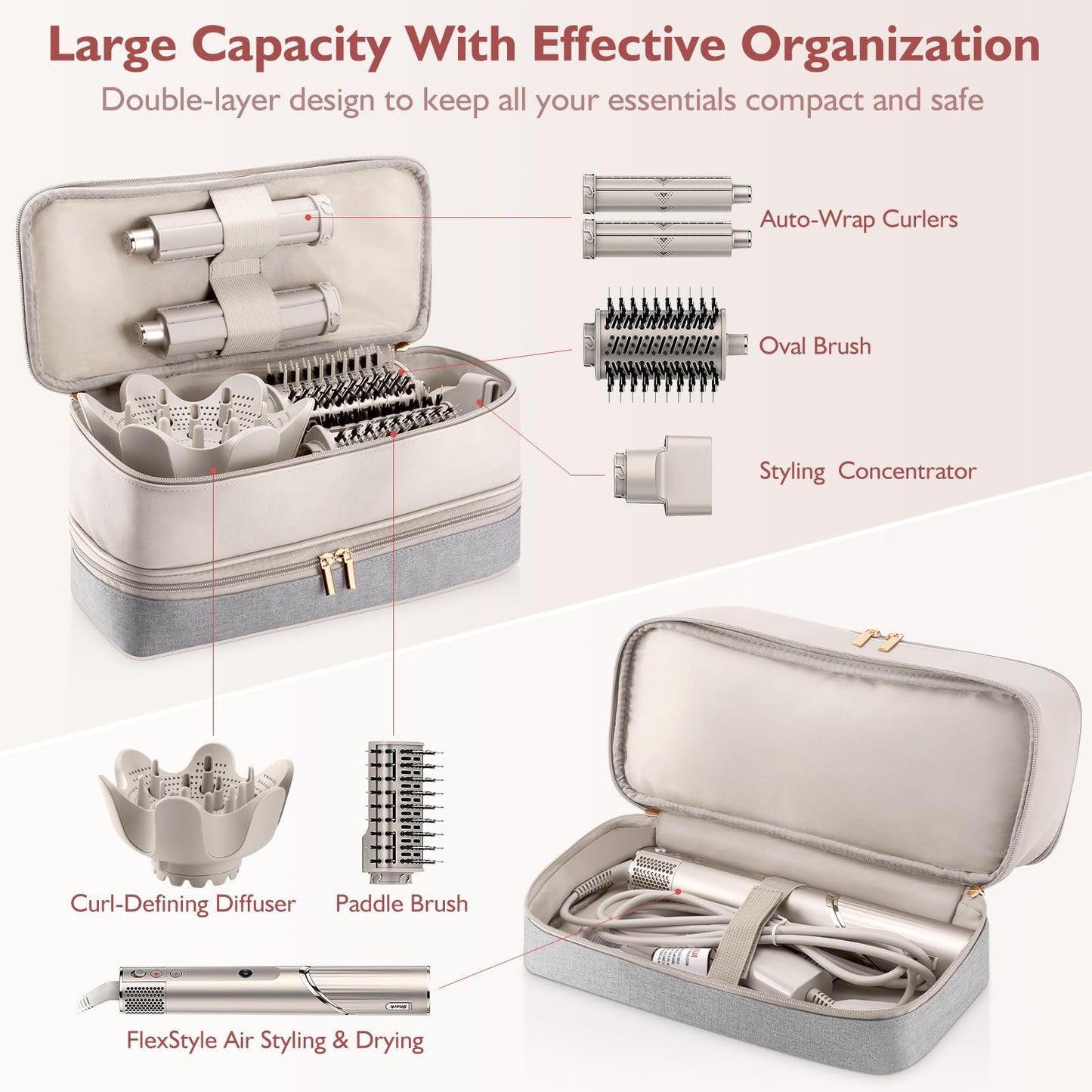 Travel Carrying Case for Shark Hair Dryer Flexstyle FlexFusion Airwrap Brush Double-Layer Hair Accessories Tools Storage Bag for Revlon Hairdryer Styler Organizer