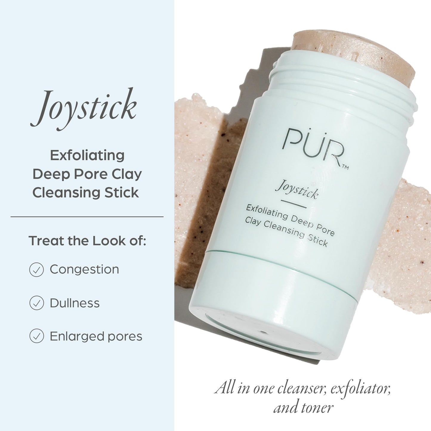 PÜR MINERALS Face Clay Mask Stick - Exfoliating Deep Cleanser Joystick Clay Mask for Pores & Blackheads - Facial Cleanser Skincare with Moroccan Clay & Charcoal Rejuvenates & Purifies Skin, Vegan