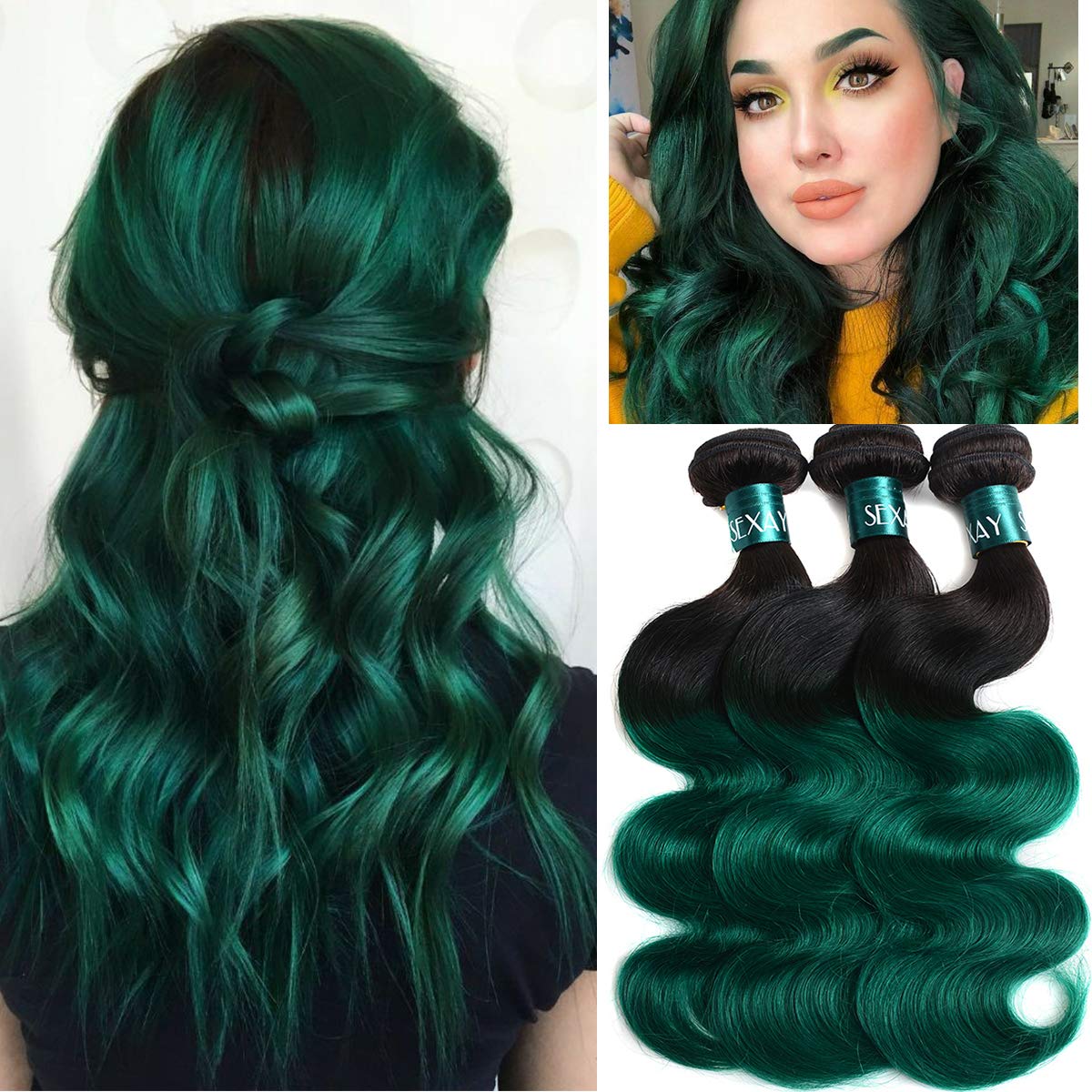 SEXAYHAIR Bule Bundles 16Inch Brazilian 100% Human Hair 1b/Blue 1 Bundle Body Wave, 2 Tone Blue Ombre Virgin Hair 1Bundles Human Hair for Women(16inch blue)